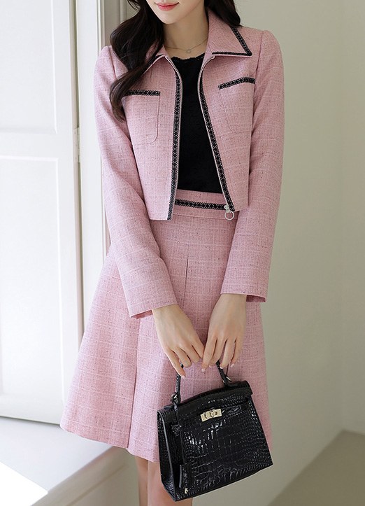 [루이스엔젤]  바비코어 핑크 트위드 레이스 배색 세미 크롭 집업 자켓